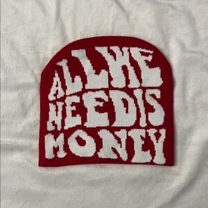 Red "All We Need Is Money" Knit Beanie